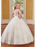 Beaded Ivory Lace Glitter Tulle Illusion Back Flower Girl Dress